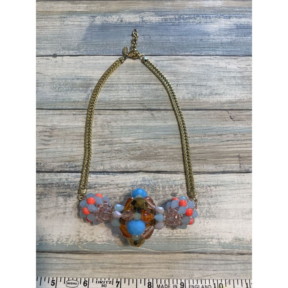 Megan Park Bauble Necklace Gold Tone Blue Orange Beads 18"Flat Flex Chain